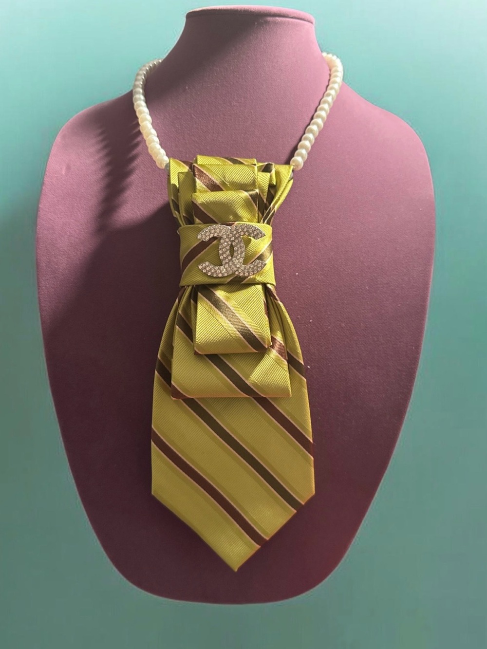 Designer Inspired Striped Silk Tie Necklace with Pearl Chain